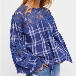 Free People Darling Diana Lace Blue Plaid Blouse. NWT! Sz S